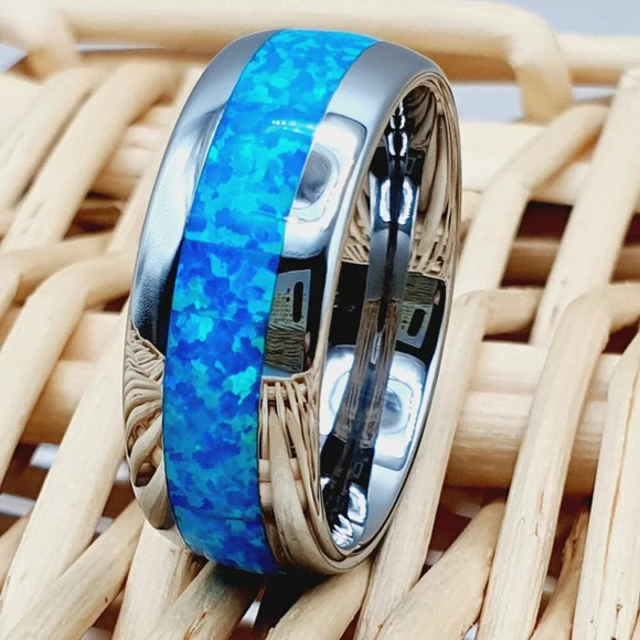" Silver Tungsten Wedding Ring With Blue Opal Inlay, GALTUN598 - Picture 2 of 6